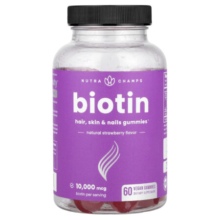 NutraChamps Gomas de Biotina Sabor Natural de Morango 10.000 mcg 60 Gomas Veganas (5.000 mcg por Goma) — foto 1