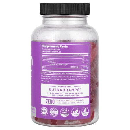 NutraChamps Gomas de Biotina Sabor Natural de Morango 10.000 mcg 60 Gomas Veganas (5.000 mcg por Goma) — foto 2