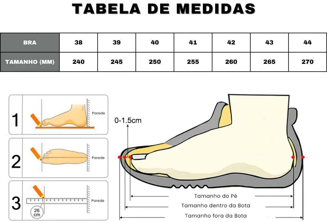 Tabela de medidas bota all in commerce