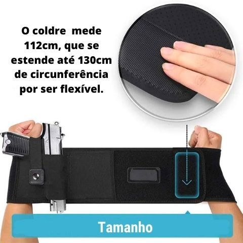 O coldre mede 112cm que se estende até 130cm de circunferência por ser flexível